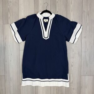 Umgee Small Contrast Trim Mini Babydoll Dress V-Neck Nautical Puff Sleeves